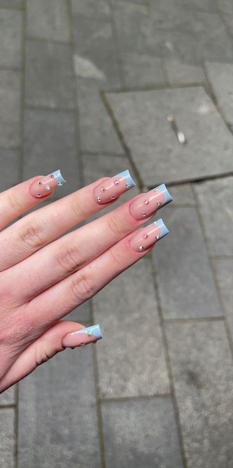 French Nails With Stones, Nails With Stones, Blue French Nails, Blue French Tips, Blue French, French Nails, Light Blue, Engagement Rings, Nails