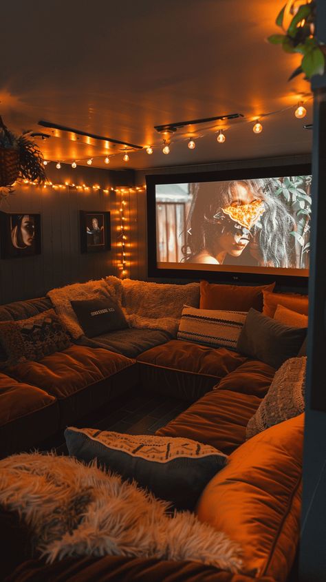 House Theater Ideas, Aesthetic Home Cinema, Movie Tv Room, Simple Movie Room Ideas, At Home Cinema Room, Comfy Movie Room Ideas, Cool Den Ideas, Movie Theater Ideas At Home, Talking Pit Living Room