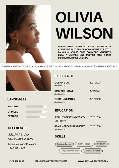 Canva Editable Beige Modern Virtual Assistant Cv Resume #resume, #resumetemplate, #example, #design, #graphicdesign, #tips, #creative, #templatefreedownloadable, #editable, #templatefree, #canva, #canvatemplate, Fashion Designer Resume Creative, Modern Cv Template Free, Creative Cv Design, Cv Portfolio, Cv Design Professional, Fashion Resume, Cv Example, Cv Original, Graphic Design Cv