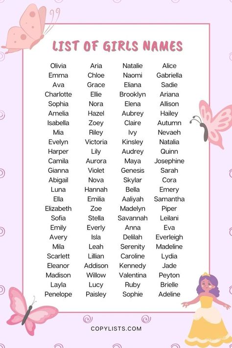 a list of girl names with a pink background, a cartoon princess and pink and purple butterflies. Good Girl Names, Sweet Girl Names, List Of Girls Names, Feminine Names, L Names, Unique Girl Names, Sweet Baby Names, Girls Names