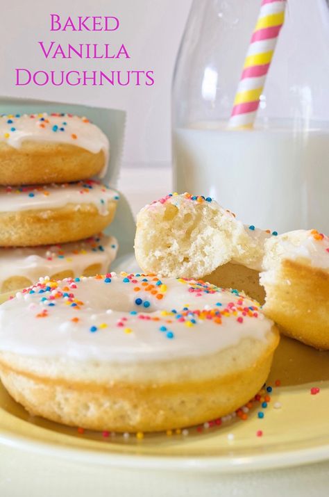 These Baked Vanilla Cake Doughnuts are irresistibly delicious and so much easier to make than fried doughnuts. These doughnuts are perfectly tender with a vanilla glaze, and they take minutes to make! #donut #dounuts #doughnut #doughnuts #bakeddonuts #vanilladonuts #vanilladoughnuts Baked Doughnut Recipes, My Country Table, Doughnut Recipes, Cake Doughnuts, Yeast Donuts, Homemade Doughnuts, How To Make Dough, Scrumptious Food, Country Table