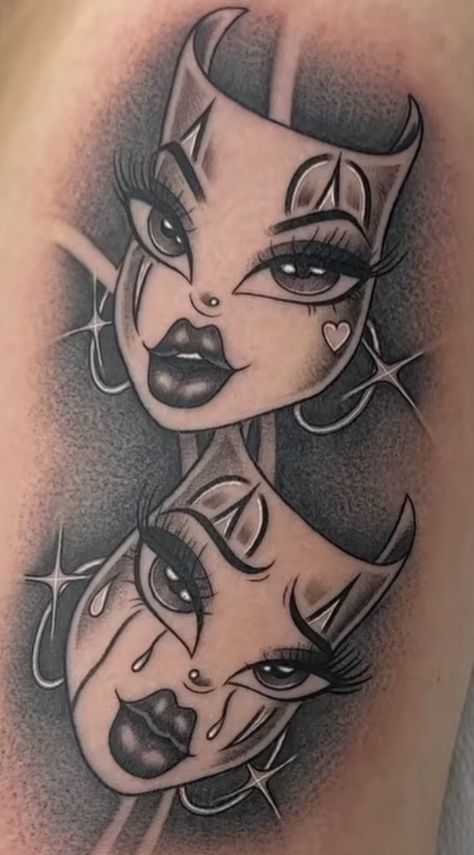 Face Tattoos Drawing, I Got Me Tattoos, Nice Leg Tattoos Men, Halloween Character Tattoos, Pretty Clown Tattoo, Silouhette Tattoo Woman, Dark Shaded Tattoos For Women, Tattoo Ideas For Change, Lil Homies Tattoos