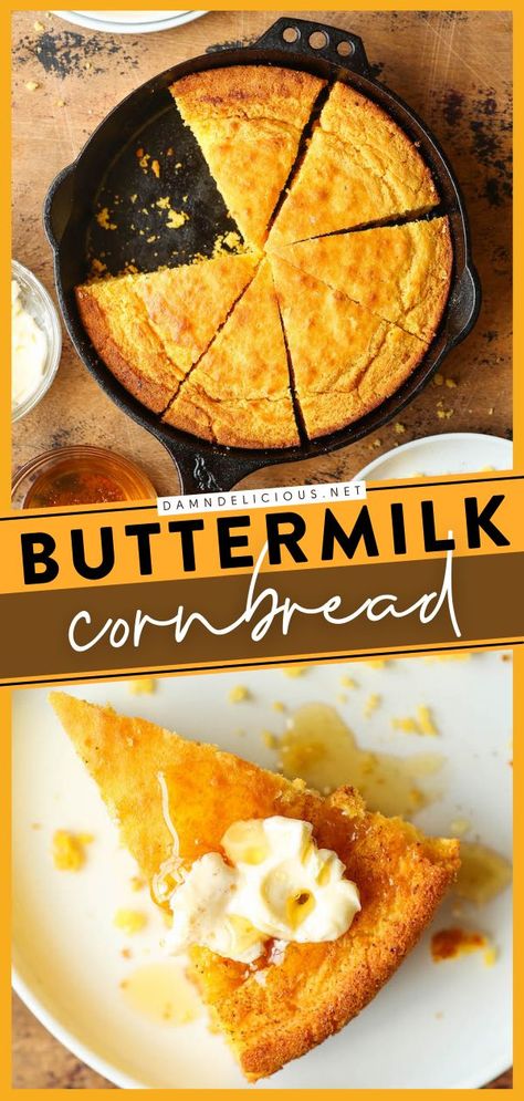 BUTTERMILK CORNBREAD, thanksgiving sides, thanksgiving dinner ideas Best Cornbread Recipe, Cornbread Recipe Sweet, Cornbread Recipes, Moist Cornbread, Buttermilk Cornbread, Skillet Cornbread, Southern Cornbread, Easter Menu, Homemade Cornbread