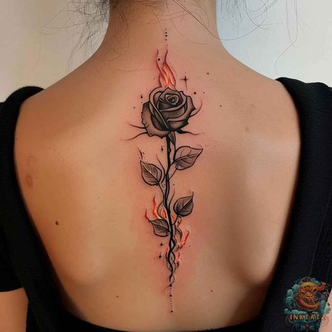 The Fiery Passion of a Rose: Exploring the Meaning Behind the Popular Rose on Fire Tattoo: 105 Designs - inktat2.com Fire And Ash Tattoo, Beautiful Rose Tattoos For Women, Long Stem Rose Tattoo Design, Roses With Stem Tattoo, Fire Back Tattoo Women, Fire And Rose Tattoo, Rose And Fire Tattoo, Spine Tattoos For Women Rose, Fire And Ice Rose Tattoo