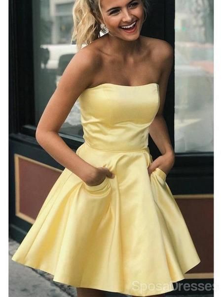 Satin Prom Dress Short, Homecoming Dresses Short Cheap, Wedding Dresses Near Me, Strapless Homecoming Dresses, Custom Made Prom Dress, Short Graduation Dresses, Satin Homecoming Dress, Yellow Satin, Cocktail Gowns