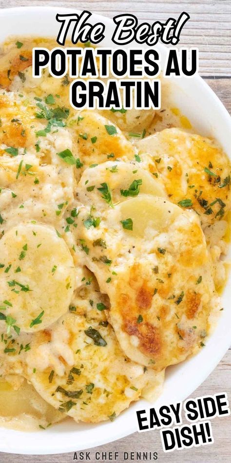 When it comes to classic comfort foods, Potatoes au Gratin are at the top of my list! These easy-to-make creamy, cheesy potatoes are the perfect side dish for a weeknight meal, potluck, or a fancy dinner party and are guaranteed to fulfill every potato lover’s dreams. This potatoes au gratin make a delicious side dish for roasted chicken, roast beef, or pork roast. The delicate balance between the creamy sauce and the starchy potatoes is a potato casserole your whole family will just love! Au Gratin Potatoes Without Heavy Cream, Homemade Potatoes Au Gratin, Home Made Au Gratin Potatoes, Cheddar Au Gratin Potatoes, Best Au Gratin Potatoes Recipe, Easy Party Potatoes, Augraten Potato’s, Potatoes Gratin Recipe, Recipe For Au Gratin Potatoes