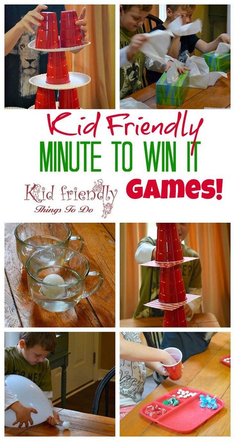 Kid Friendly Easy Minute To Win It Games for Your Party - Simple and fun games for your holiday, school, New Years, or anytime party! http://www.kidfriendlythingstodo.com #minutetowinitgames #familyminutetowinitgames #teenminutetowinitgames #kidminutetowinitgames Kids New Years Eve, New Year's Games, Diy Kids Games, Minute To Win, Christmas Games For Kids, Bloc Party, Minute To Win It Games, Minute To Win It, Holiday Games