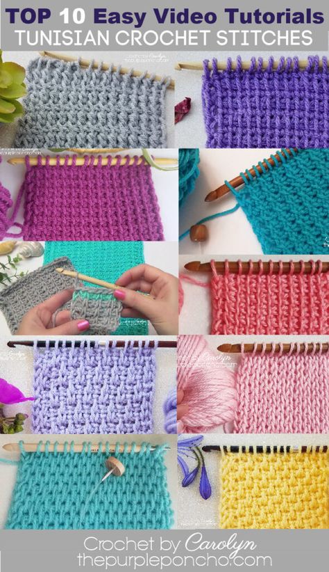 Tuscan Crochet Patterns, Tunisian Purl Stitch, How To Tunisian Crochet Tutorials, How To Do Tunisian Crochet, Tunisian Stitches Tutorials, Tunisian Crochet Potholder, Tunisian Knit Stitch Patterns, Afghan Crochet Stitches, Tunisian Afghan Patterns Free