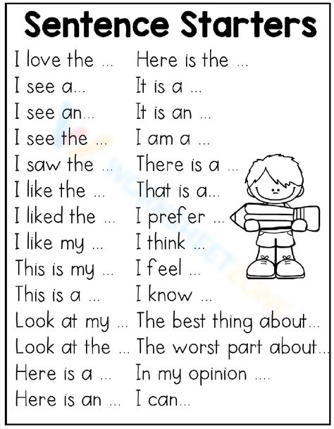 This worksheet provides practice in basic writing skills using sentence starters. Students complete sentences beginning with prompts such as "I love the..." and "I see a..." #backtoschool #welcome #sentencestarters #writingprompts #handwriting #preschool #kids #writing #ela #freeprintables #pdfs #worksheets Beginning Sentence Writing, 1st Grade Sentence Writing, Basic Sentences In English For Kids, I See Worksheet, Sentence Starters Writing, Building Sentences Worksheets, Writing Skills Worksheets, 2nd Grade English Worksheets, Sentence Writing Practice Worksheets