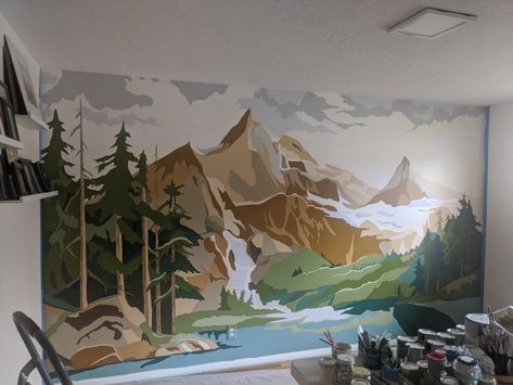 Paint By Number Mountains, Mural Wall Art Forest, Paint By Numbers Wall Mural, Paint By Numbers Mural, Fantasy Wall Murals Painted, Easy Wall Murals Mountain, Man Cave Mural, Mountain Mural Painting, Paint By Number Wall Mural