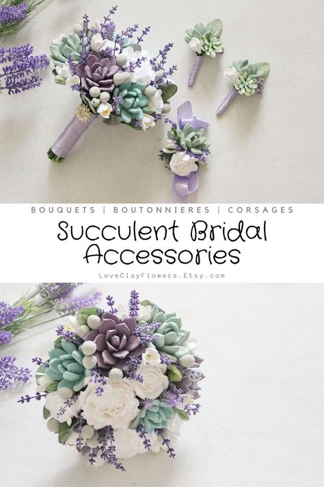 Wedding bouquet by LoveClayFlowers. Purple Mint Bridal bouquet, White peony bouquet , Succulent bouquet , Lavender bouquet. Bespoke wedding flowers created by me from polymer clay, Bouquet features white peonies with purple and mint succulents and lavender as an accent #weddings #beachwedding Fake Flower Arrangements Diy, Clay Bouquet, White Peony Bouquet, Wedding Succulents, Succulent Wedding Decor, Bouquet Succulent, Bouquet Lavender, Succulent Wedding Centerpieces, Bridal Bouquet White