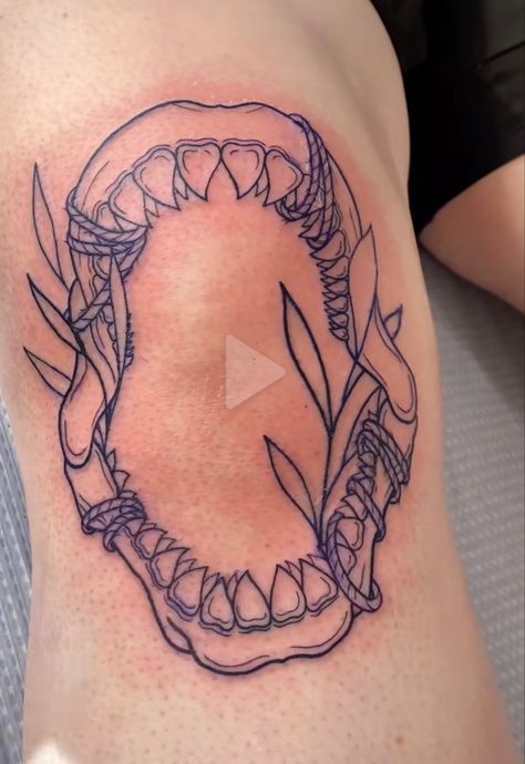 Knee Tattoo Pair, Shark Tooth Knee Tattoo, Knee Tattoo Patchwork, Jaw Tattoo On Knee, Shark Jaws Tattoo Elbow, Aquatic Knee Tattoo, Shark Jaw Tattoo Design, Ocean Elbow Tattoo, Shark Elbow Tattoo