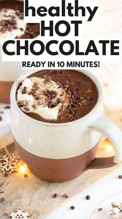 healthy hot chocolate Raw Cacao Hot Chocolate, Criobru Recipes, Health Hot Chocolate, Healthy Hot Chocolate Mix Recipe Dry, Clean Hot Chocolate Recipe, Dark Chocolate Hot Chocolate, Healthy Hot Cocoa Recipe, Chocolate Drink Aesthetic, Bulk Hot Chocolate Mix Recipe