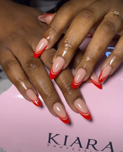 Almond Nails Birthday, Birthday Nails Summer, Classy Almond Nails, Red French Tip, Elegant Touch Nails, Nails Birthday, Gel Toe Nails, Acrylic Toe Nails, Red French