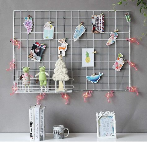 Amazon.com - GBYAN 2 Pack Grid Wall Panels Metal Wire Photo Rack Multifunctional Display Organizer for Hanging Picture, DIY, Decoration (White) - Desk Wall Organization, Postcard Display, Wall Grid, Photo Wall Display, Grid Wall, Grid Panel, Keychain Display, Dorm Diy, Dorm Wall Decor