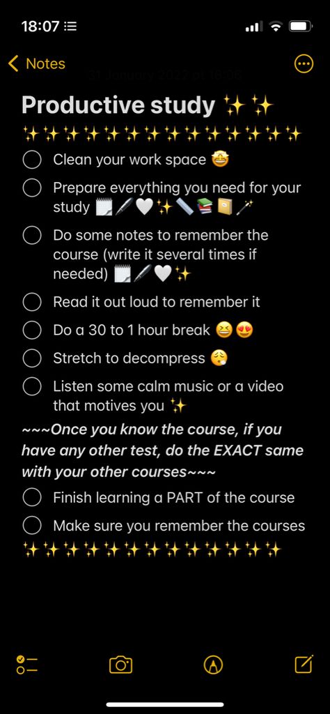 It’s very shiny ✨, there’s a lot of stars (✨) on the pin it’s a list of stuff to do to have a productive study (how I call it) it helps you study better!! Self Care Notes Iphone, How To Do Good On A Test, Study First Quotes, Best Ways To Study For A Test, Ways To Study For A Test, To Do List Notes Iphone, How To Pass A Test, How To Be Productive In School, Best Time To Study