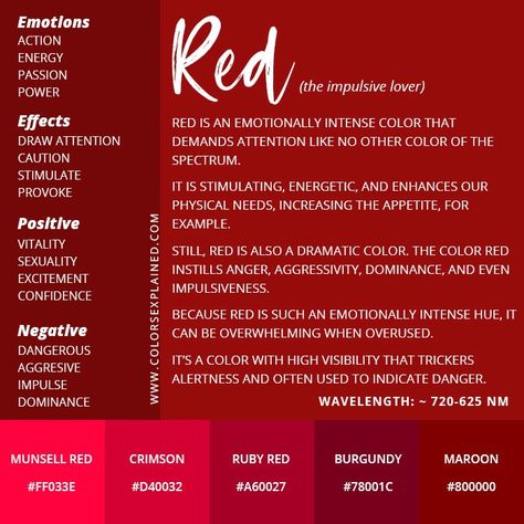 Color Red Meaning: Symbolism and Meaning of the Color Red • Colors Explained Red Symbolism, Birth Colors, Colour Psychology, Red Meaning, Color Symbolism, The Color Red, Magic Tattoo, Colors And Emotions, Color Meanings