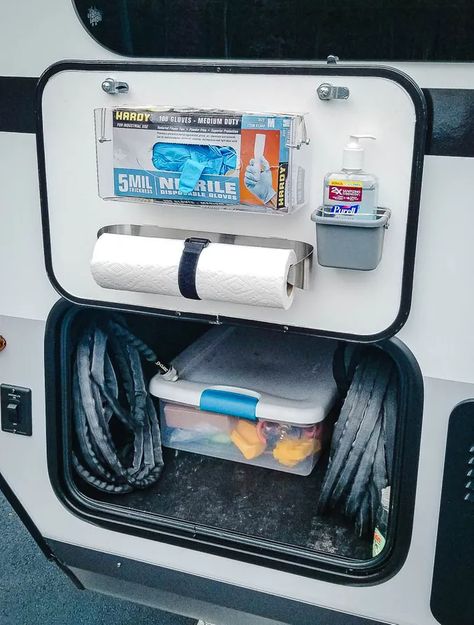 Sanitizing Station, Camper Organization Travel Trailers, Astuces Camping-car, Travel Trailer Organization, Trailer Storage, Camper Trailer Remodel, Rv Camping Tips, Camper Organization, Camper Hacks