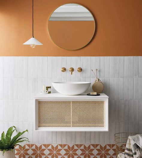 Bathrooms | Claybrook | Free Delivery Small Bathroom Tile Ideas, Small Bathroom Tiles, Orange Bathrooms, Glazed Brick, Mid Century Bathroom, White Bathroom Tiles, Downstairs Toilet, Small Toilet, Brick Tiles