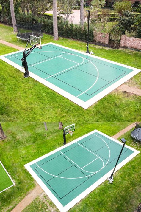 Basketball Pad In Backyard, Pickle Ball Basketball Court Backyard, Backyard Multi Sport Court, Backyard Basketball Pickleball Court, Basketball Pickleball Court, Pickleball Basketball Court Backyard, Backyard Pickleball Court Landscaping, Home Pickleball Court Ideas, Pickle Ball Court Backyard Diy