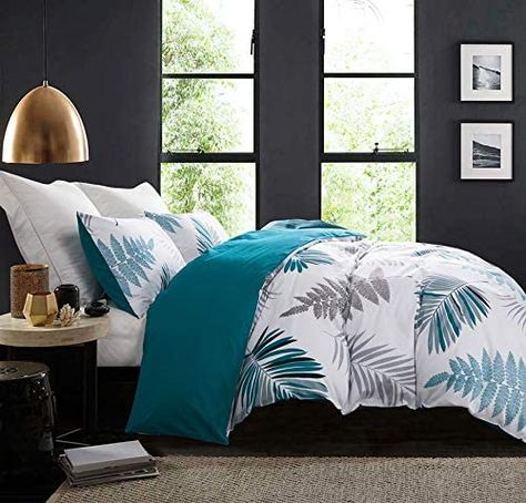 Amazon.com: Duvet Cover Set, 600 Thread Count Cotton White Leaf Floral Pattern Print Reversible Comforter Cover Set (King, Peacock Blue-Leaf): Home & Kitchen Teal And Gray Bedroom, Pintuck Comforter, Blue Shades Colors, King Size Comforter Sets, Grey Comforter, Reversible Comforter, Full Duvet Cover, Print Comforter, Floral Prints Pattern