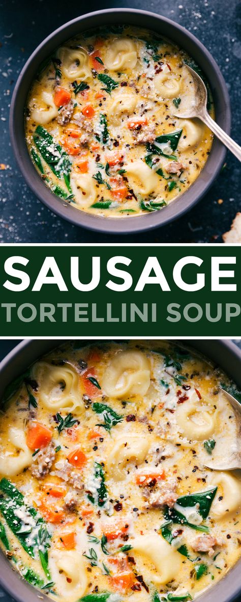 This creamy and flavorful Sausage Tortellini Soup is packed to the brim with delicious ingredients — Italian sausage, cheese-filled tortellini, vegetables, and herbs. Serve this hearty soup with lots of Parmesan cheese and some crusty bread for a filling and comforting meal. #sausagetortellinisoup #italiansausage #tortellinisoup #best #quick #easy #simple #dinner #comfortfood Sausage Potato Tortellini Soup, Sausage Tortelinni Soup, Tortellini Soup No Tomato, Italian Sausage Recipes For Dinner Soup, Soup Recipes Healthy Tortellini, Healthy Dinners With Italian Sausage, Torlinie Soup, Soups With Few Ingredients, Creamy Sausage And Spinach Tortellini Soup