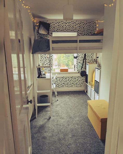 Box Room High Sleeper, Box Room Kids Bedroom Ideas, Loft Bed In Box Room, High Bed Small Room Aesthetic, High Bed Small Room Ikea, Small Bedroom Ideas High Bed, Box Room Layout Ideas, Kallax High Sleeper Bed, Box Room Layout