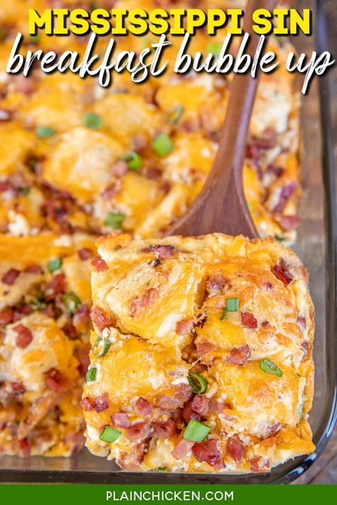 Mississippi Sin Breakfast Bubble Up recipe – quick and easy ham and cheese biscuit breakfast casserole! Great for baby showers, overnight guests, and holiday mornings. Only takes a few minutes to make and is ready to eat in about 35 minutes. Ham, cheddar cheese, green onions, biscuits, cream cheese, sour cream, Worcestershire sauce, hot sauce, and garlic powder. We LOVE this quick and easy casserole for breakfast, lunch, and dinner! Breakfast Bubble Bake, Breakfast Bubble Up Bake, Breakfast Bubble Up, Bubble Up Breakfast Casserole, Chicken Bubble Up Bake, Fruit Salad With Pudding, Canned Biscuit, Breakfast Casserole With Biscuits, Ham Breakfast