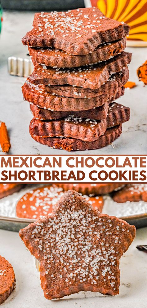 Mexican Chocolate Shortbread Cookies - These buttery shortbread cookies are full of chocolate, cinnamon-and-sugar, and a bit of spice thanks to a couple unique ingredients! They remind me of a good cup of Mexican hot chocolate, in cookie form. Great for cookie exchanges because they keep well and the perfect conversation piece cookie to set out at your next holiday party or fiesta! Mexican Hot Cocoa Cookies, Chocolate Abuelita Cookies, Fancy Cookies Christmas, Spicy Chocolate Cookies, Mexican Cinnamon Sugar Cookies, Mexican Christmas Dishes, Spiced Christmas Cookies, Unique Cookie Recipes Xmas, Tres Leches Cookies