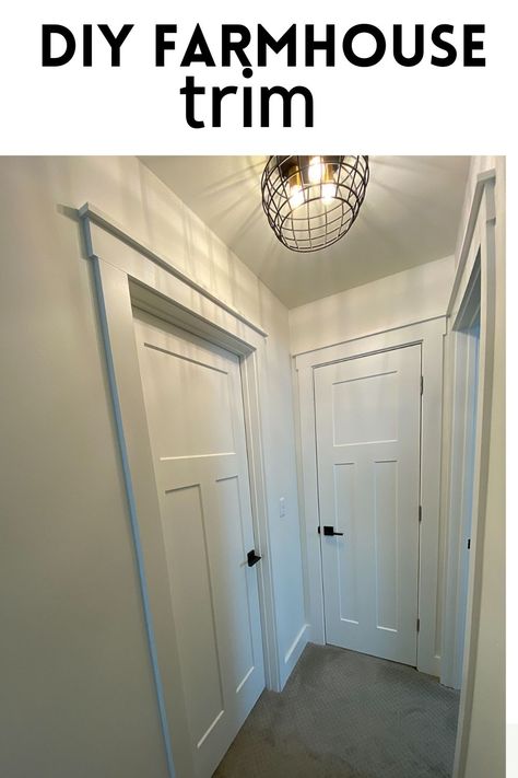 Interior Farmhouse Doors Styles, Modern Farmhouse Door And Window Trim, Modern Farmhouse Interior Trim Ideas, Craftsmen Interior Doors, Farmhouse Trim Ideas, Farmhouse Trim Doorway, Adding Trim To Doors, Window Trim Diy, Farmhouse Moulding And Trim