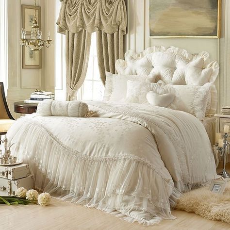 Sophisticated Elegant Beige Flower Print Vintage Victorian Lace Romantic Gathered Ruffle Jacquard Twin, Full, Queen Size #Bedding #Bedspread #Bedroom Sets White Duvet Bedding, King Size Bed Skirt, Silk Duvet, Lace Bedding Set, Silk Duvet Cover, Romantic Bed, Cheap Bedding Sets, Lace Bedding, Lit King Size