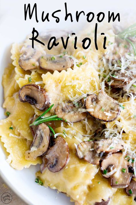 This easy Mushroom Ravioli Al Forno is a comforting and creamy meatless dinner that's incredibly easy to make. If you are looking for a sauce for mushroom ravioli, then this is it! Ravioli, garlic mushrooms, and a rich cream parmesan sauce - baked until bubbling! This recipe uses store-bought ravioli, making it easy on busy weeknights, but it's fancy enough for date night or entertaining. Add a side salad and crusty bread, and you have an elegant dinner ready in under 30 minutes. Mushroom Ravioli With Cream Sauce, Sauce For Mushroom Ravioli, Mushroom Ravioli Sauce, Ravioli With Mushrooms, Mushroom Ravioli Recipe, Ravioli Recipes, Chicken Ravioli, Ravioli Sauce, Meatless Pasta