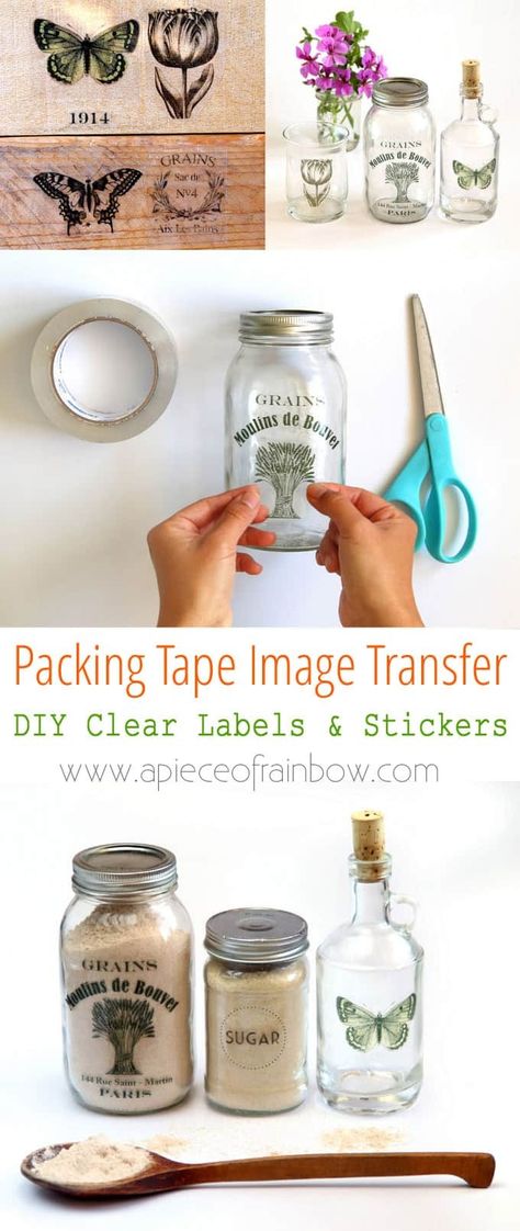 Packing Tape Image Transfer & DIY Clear Labels - A Piece Of Rainbow Packing Tape Image Transfer, Metal Objects, Clear Labels, Diy Labels, Easy Packing, Pantry Labels, Tape Crafts, Packing Tape, Clear Stickers