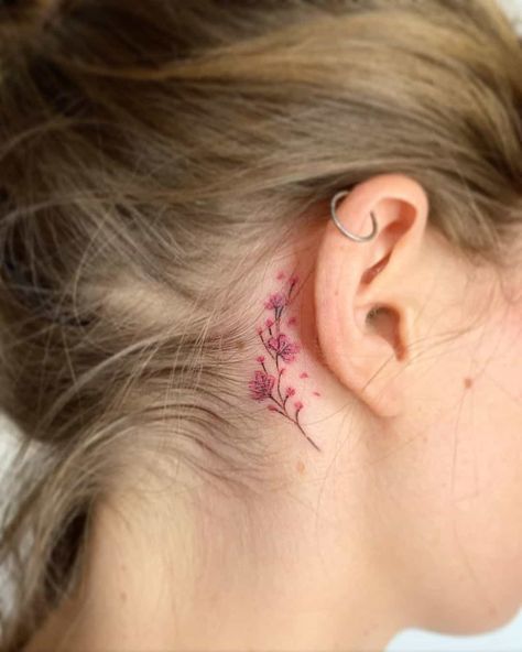 Rose Tattoos Behind The Ear Flower Tattoo Ear, Back Ear Tattoo, Rose Tattoo Behind Ear, Behind The Ear Tattoo, Behind Ear Tattoos, Purple Tattoos, Tattoo Behind Ear, Lavender Tattoo, Red Rose Tattoo