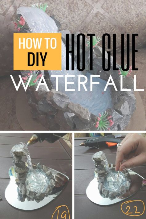 Hot Glue Waterfall – Happiness is Crafting! Diy Fairy Waterfall, How To Make A Fake Waterfall, Styrofoam Waterfall Diy, Hot Glue Waterfall Diy, Paper Mache Waterfall, Diy Waterfall, Hot Glue Art, Diy Glue, Glue Art