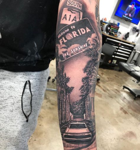 Fun Florida themed piece I did the day before leaving g for my vacation to Florida. #tattoo #tattoos #blackandgreytattoo... Florida Tattoos For Men, Miami Tattoo Ideas Men, Carribean Tattoos, Florida Tattoo Ideas For Men, Florida Themed Tattoos, Florida Tattoo For Women, Florida Tattoo Ideas, Florida Inspired Tattoo, Miami Tattoo Ideas