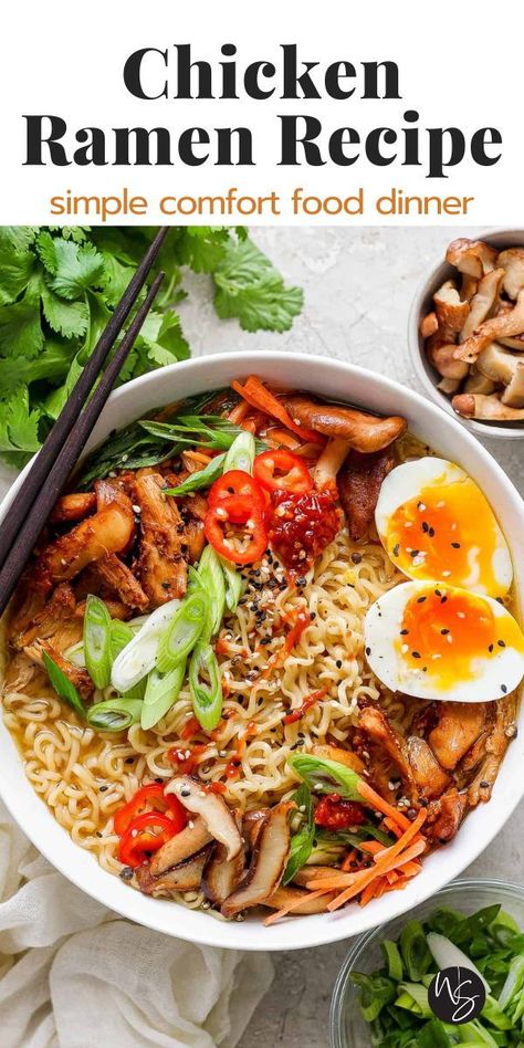 This easy Chicken Ramen noodle soup is the epitome of comfort food! Made with all the best, simple ingredients, like juicy chicken, a flavor packed broth, fresh vegetables, a soft boiled egg, and traditional ramen noodles. The flavors are SO GOOD. It is a comforting and cozy bowl of soup that will wake-up all your tastebuds in the best way possible! You will never buy store-bought ramen again after trying this delicious recipe! This recipe is dairy-free friendly. Chicken Ramen Noodle Recipes Boiled Egg, Ramen Noodle Bowl Recipes Chicken, Comfort Bowl Recipe, Simple Chicken Ramen Recipes, Chicken Ramen Recipes Soups, Authentic Chicken Ramen Recipes, Ramen With Soft Boiled Egg, Easy Chicken Ramen Soup, Chicken Ramen Seasoning Packet Recipe