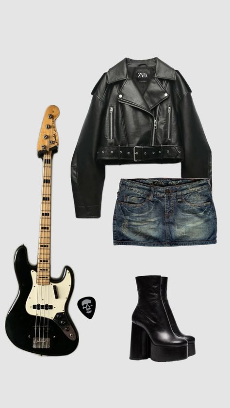 #rockstar #rockstargf #rockoutfit #rock #blackoutfit #outfit #guitar Band Gf Outfit, Pop Star Inspired Outfits, Female Rockstar Costume, Rockstar 90s Outfit, Rockstar Looks Women, Rock And Roll Clothes, 90s Rockstar Gf Outfit, Pop Rock Aesthetic Outfits, Foo Fighters Concert Outfit Ideas