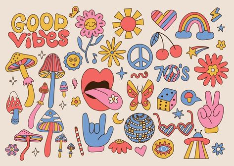 70s Hippie Aesthetic, Paz Hippie, 70s Cartoons, Hippie Designs, Hippie Aesthetic, Hippie Flowers, Funky Design, Vintage Hippie, Flower Doodles