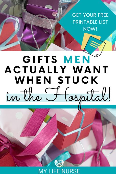 Here is a post (with a free printable list!) with 18 best gifts men actually want when stuck in the hospital. Get some great ideas for Thanksgiving, Christmas or New Year's gift baskets for men or just affordable gift ideas to help men feel more comfortable and get well soon.  #giftideasformen #mylifenurse #getwellgifts Care Packages For Men, Post Op Care Package For Men, Get Well Care Package Ideas For Men, Post Surgery Care Package Men, Get Well For Men, Get Well Soon For Men, Wellness Basket Ideas For Men, Gift For Sick Boyfriend, Surgery Recovery Gift Basket