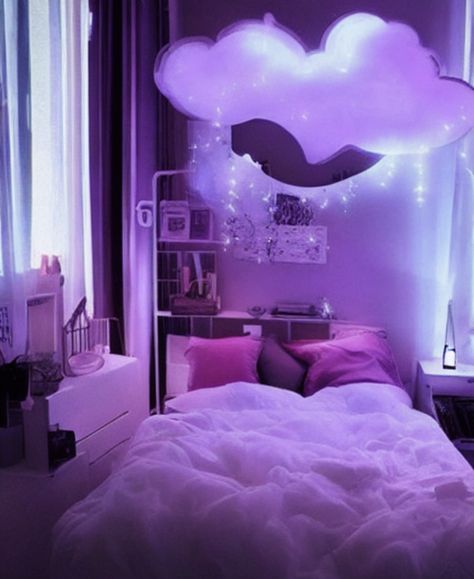 Purple bedroom girly aesthetic girl little girls neon lights LED mood Kawaii Bedroom Purple, Purple Aesthetic Bedroom Ideas, Pastel Purple Bedroom, Pastel Purple Room, Purple Bedroom Aesthetic, Purple Aesthetic Bedroom, Light Purple Bedroom, Purple Themed Bedroom, Bedroom Aesthetic Vintage