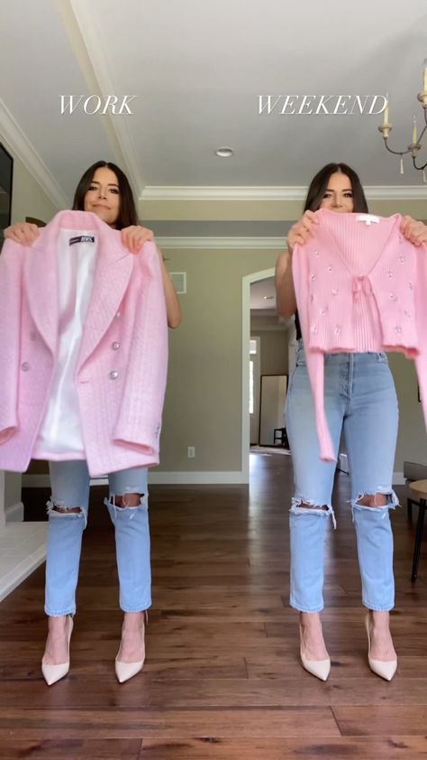 oliviajeanette_ on Instagram: Work vs weekend style 💗🤍💗🤍 The pink tweed blazer is 🤌 Pink Tweed Blazer Outfit, Pink Tweed Blazer, Pink Tweed, Weekend Style, Tweed Blazer, The Pink, Chic Outfits, Blazer, Pink