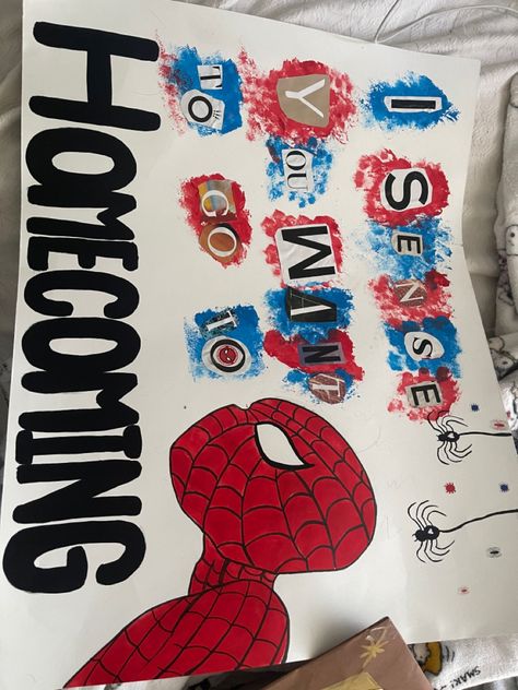 Cute Hoco Ideas Poster, Spiderman Homecoming Poster Ideas, Spider Man Homecoming Poster Ideas, Deadpool Hoco Proposal, Nike Homecoming Proposal, Spiderman Sadies Proposal, Wall-e Hoco Proposal, Dino Hoco Proposal, Homecoming Poster Proposal Ideas