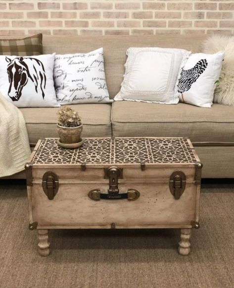 Stencil Makeover: Turn An Old Trunk Into A Coffee Table Chest As A Coffee Table, Old Trunk Ideas Repurposed, Trunk Upcycle, Steamer Trunk Coffee Table, Trunk Restoration, Refurbished Table, Trunk Makeover, Suitcase Decor, Vintage Trunk