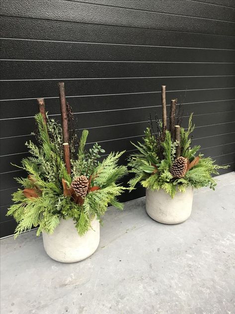 Planters For Christmas Decorations, Spruce Tops Planters, Evergreen Porch Pots, Christmas Planter Boxes, Winter Planters Outdoor, Holiday Planters Front Porches, Christmas Porch Planters, Winter Pots Outdoor Front Doors, Christmas Planters Outdoor