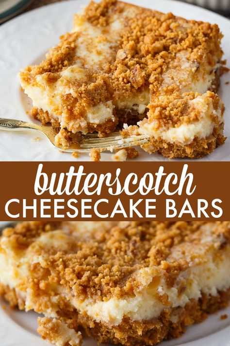 Butterscotch Cheesecake Bars - This cheesecake has a rich butterscotch base, smooth, creamy cheesecake filling and topped with some butterscotch crunch. Cheesecake Puffs, Butterscotch Cheesecake, Butterscotch Recipes, Dessert Cheesecake, Simply Stacie, Cheesecake Bar Recipes, Cheesecake Filling, Mexican Dessert, Oreo Dessert