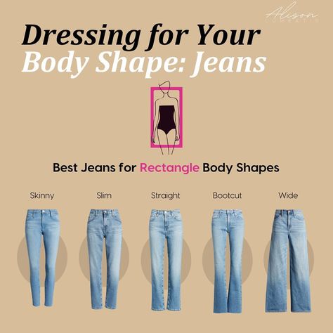 PART 3: FINDING THE PERFECT JEANS FOR YOUR BODY SHAPE Here’s how to choose the most flattering jeans for your body shape. 👇👇👇 Pear (Triangle) Shapes: Opt for jeans that highlight your waist and elongate your legs, like high-waisted bootcut or flared styles. Avoid jeans that draw attention to your hips. Inverted Triangle (Apple) Shapes: Go for jeans that add volume to your lower half, such as wide-leg or boyfriend jeans. This will help balance your broader shoulders. Hourglass (Curvy) Shap... Rectangle Body Jeans, Best Jeans For Rectangle Body Shape, Rectangle Body Shape Jeans, Jeans For Rectangle Body Shape, Rectangle Body Shape Outfits Casual, Rectangle Body Shape Fashion, Body Type Clothes, Rectangle Body Shape Outfits, Most Flattering Jeans