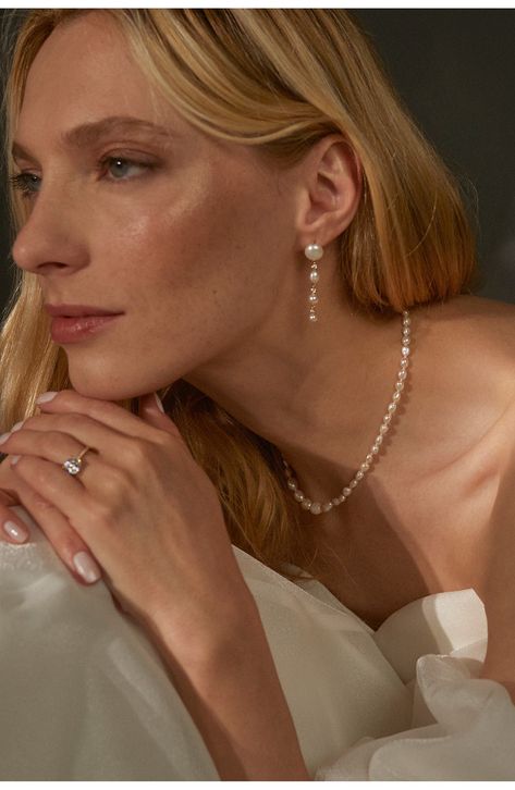 Glossy cultured pearls and prong-set cubic zirconia alternate along these linear drop earrings plated in 18-karat gold. 1 1/2" drop; 3/8" width Pearl size: 9–10mm Cultured pearl/18k-gold plate or rhodium plate/cubic zirconia Imported Pearl Jewlery, Bridal Jewlery, Modern Pearl Earrings, Being Perfect, Modern Gold Jewelry, Pearl Necklace Wedding, Pearl Earrings Wedding, Pearl Jewelry Wedding, Bride Earrings