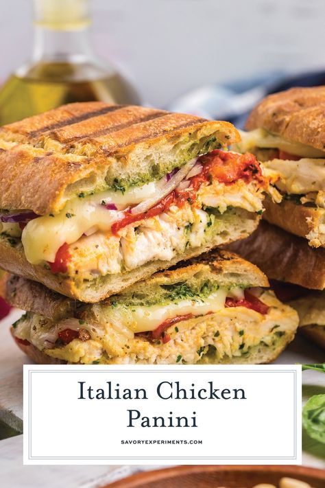 This Italian Chicken Panini is made up of crusty bread filled with gooey mozzarella cheese, roasted red pepper, shredded chicken and pesto! Italian Chicken Wrap Recipes, Panini Dinner Ideas, Dinner Panini Recipes, Grilled Chicken Roasted Red Pepper Sandwich, Grilled Chicken Pesto Panini, Italian Chicken Panini, Healthy Panini Sandwiches, Dinner Sandwich Recipes Healthy, Balsamic Chicken Sandwich