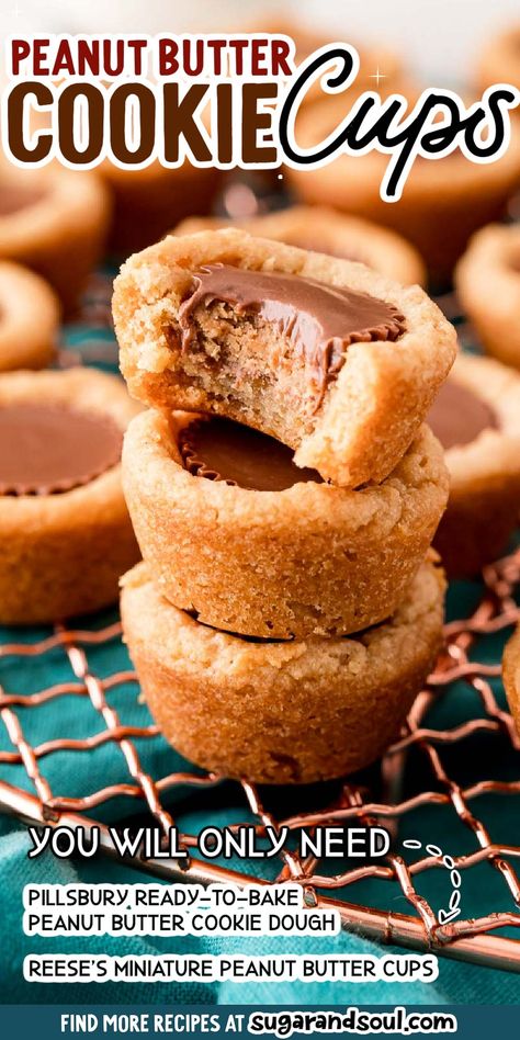 Reese Cup Cookies Easy, Reese's Cup Cookies, Reeses Cups Cookies, Sugar Cookie Cups Recipe, Reece Cup Cookies, Peanut Butter Cups Cookies, Cookie Dough Tarts, Easy Peanut Butter Cup Cookies, Premade Cookie Dough Recipes